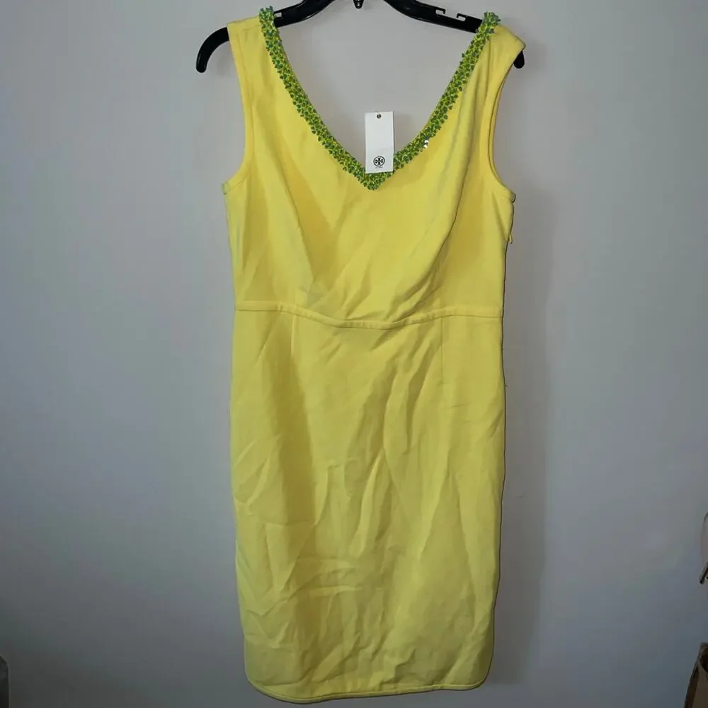 New Tory Burch beaded dress lemon curd 12 sleeveless $495 teal aqua yellow nwt